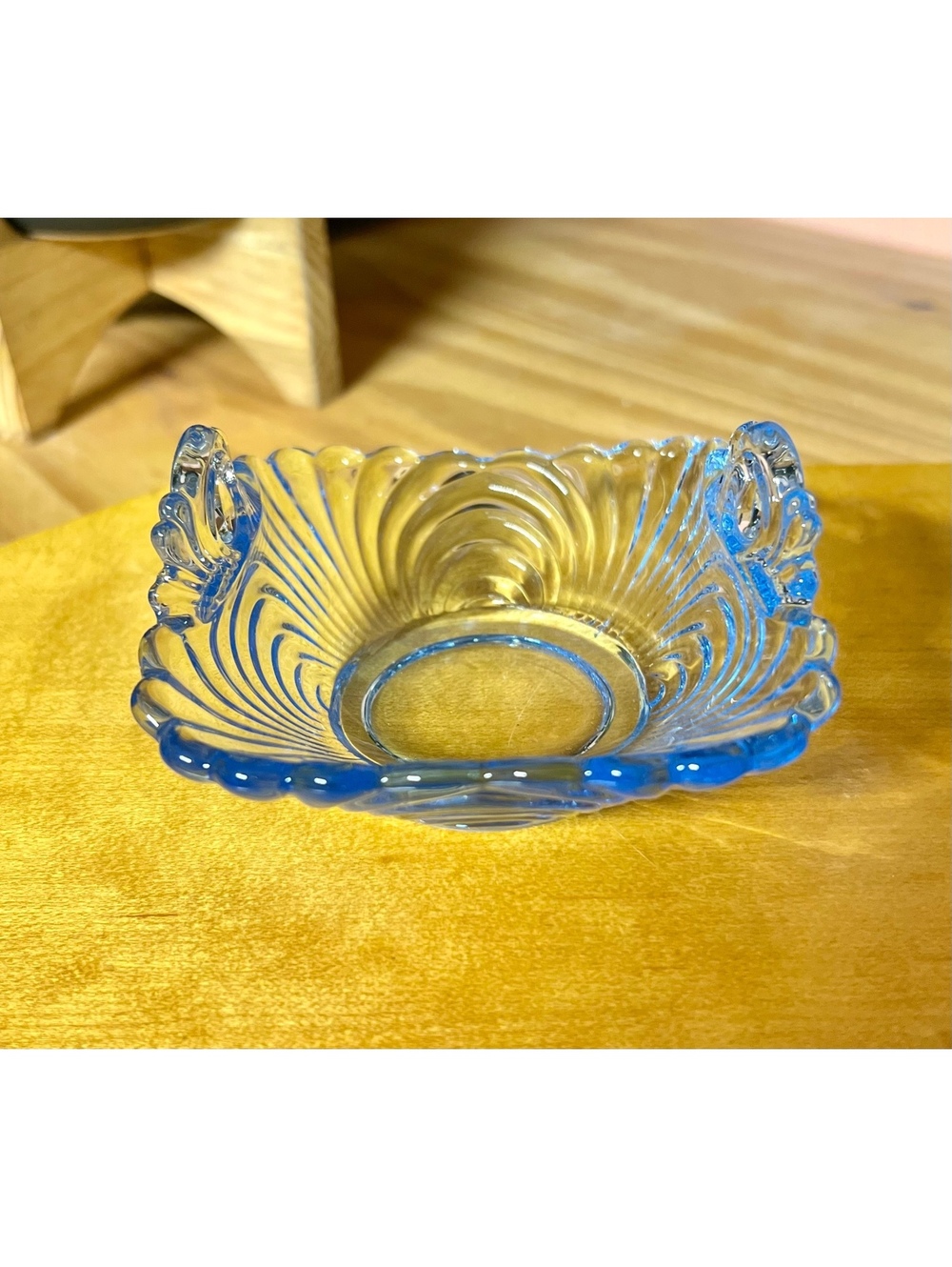 1930s Cambridge Glass Caprice Moonlight Blue Square 2-Handled Bon Bon Candy Dish
